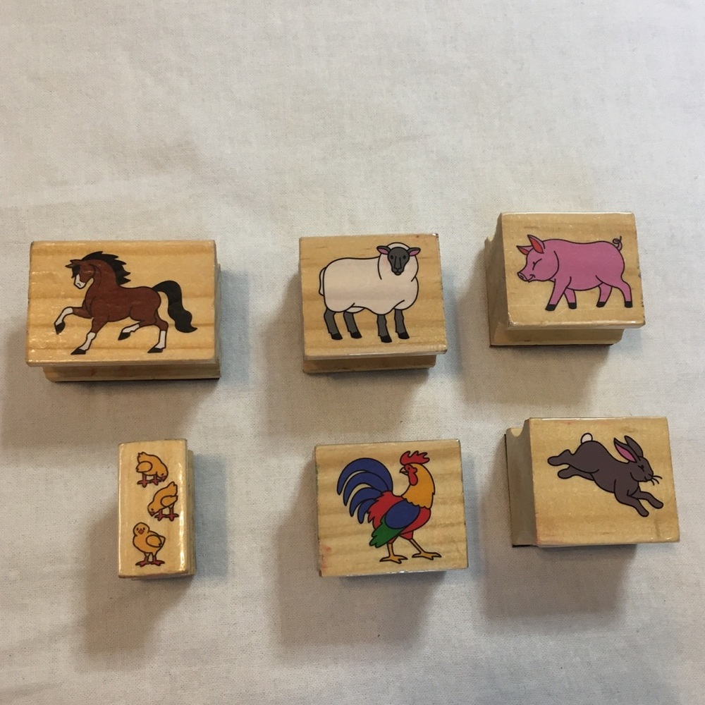 Set of 6 Barnyard Animals Wooden Rubber Stamps